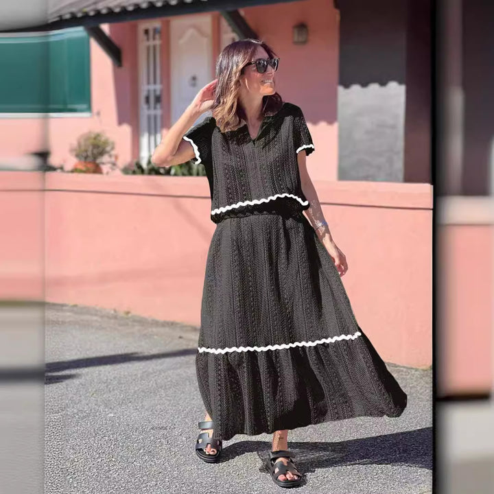 Damen Maxikleid mit voluminösem Rock und eleganter Rüsche Drune