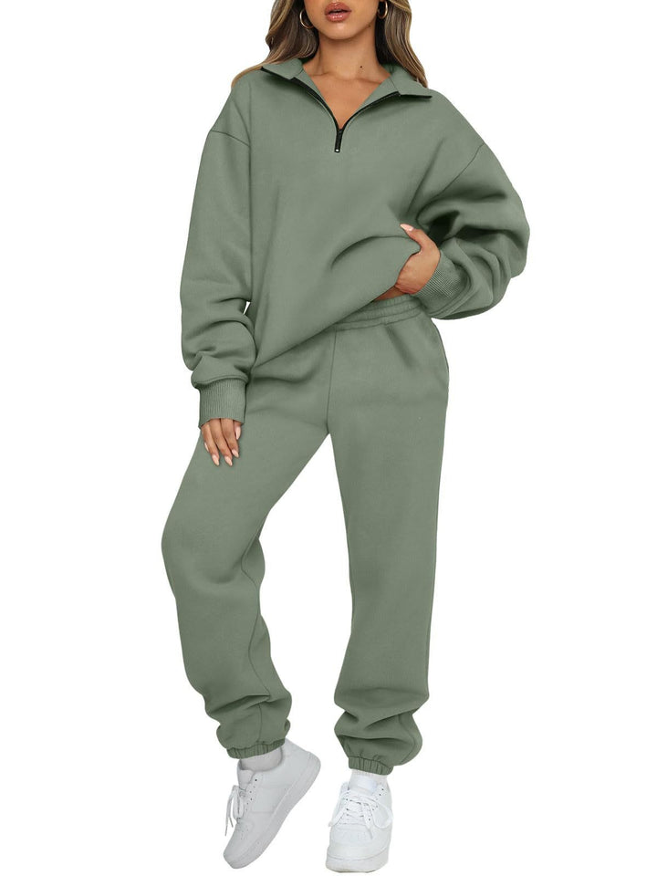 Damen nan Halbzip-Loungewear-Set mit übergroßem Kragenpullover und taillierter Jogginghose mit elastischem Bund Drune