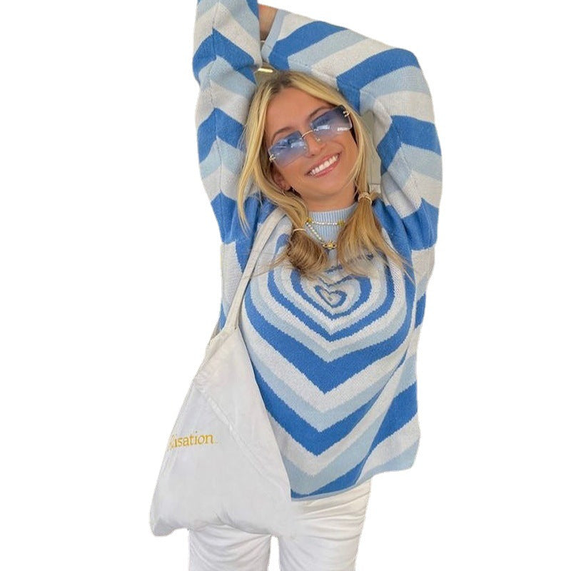 Damen nan oversized Strickpullover mit Herz-Intarsie und Chevron-Muster Drune