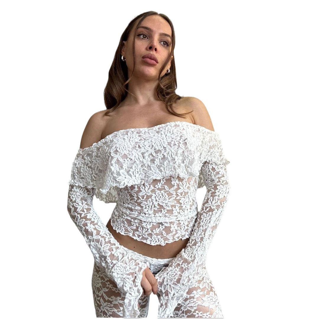 Damen Spitzen-Crop-Top mit weitem Ärmel und passenden Hose Drune
