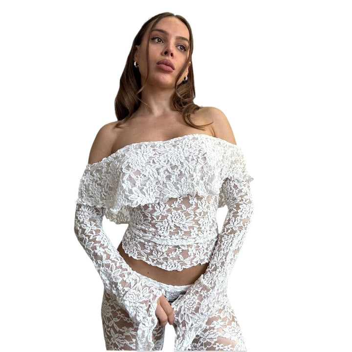Damen Spitzen-Crop-Top mit weitem Ärmel und passenden Hose Drune