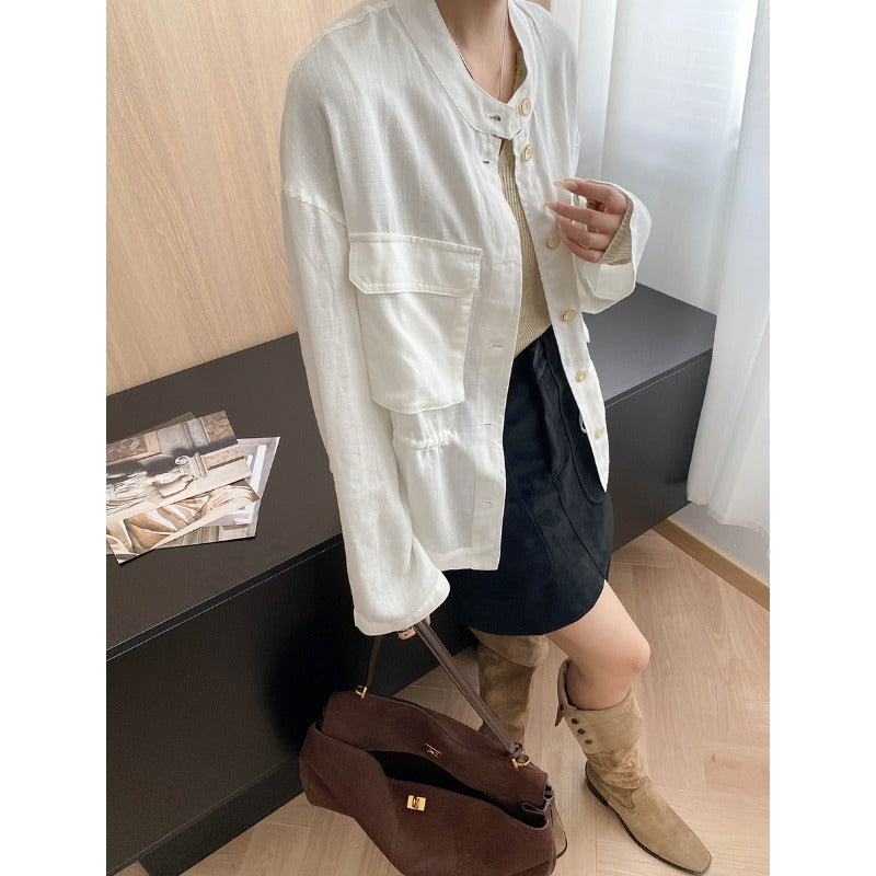 Damen lässige Leinenjacke mit modischem Stehkragen und praktischen Taschen Drune