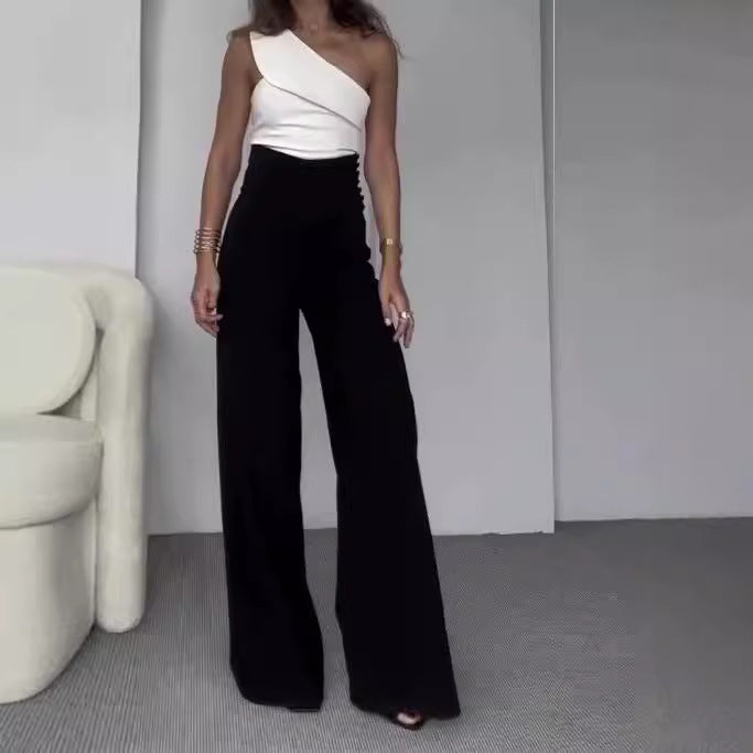 Damen Eleganter Jumpsuit mit asymmetrischem Ausschnitt und weitem Bein Drune