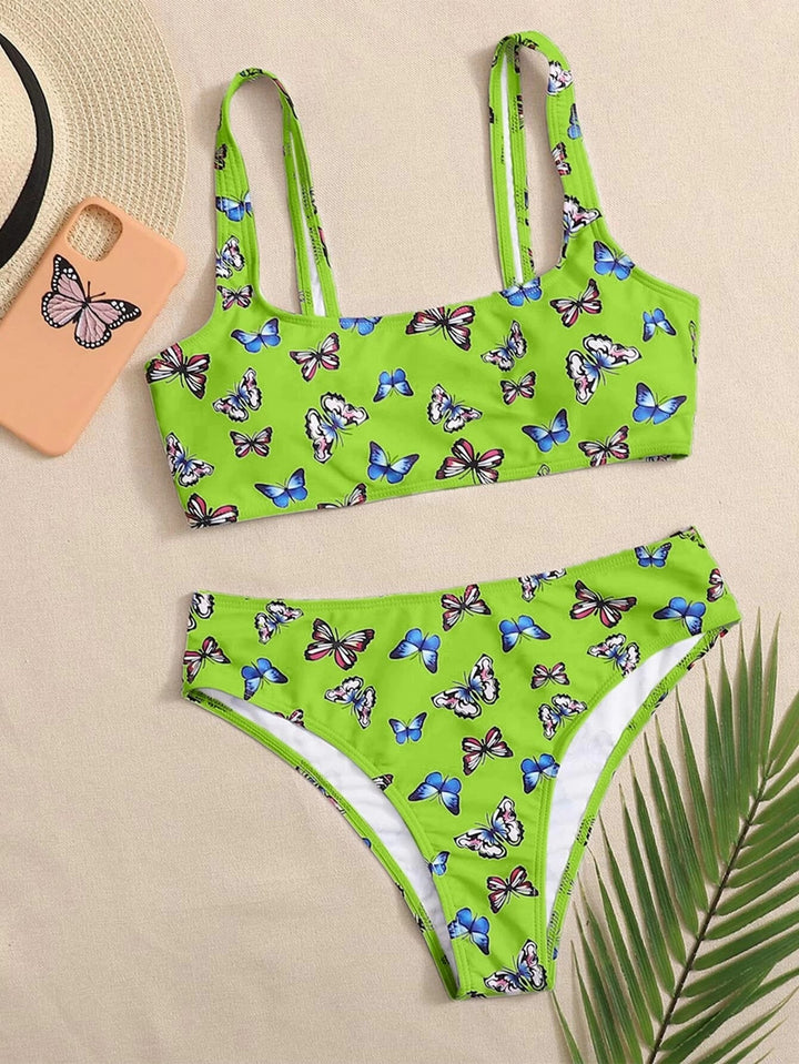 Damen Crop-Bikini-Set mit buntem Schmetterlingsdruck Drune