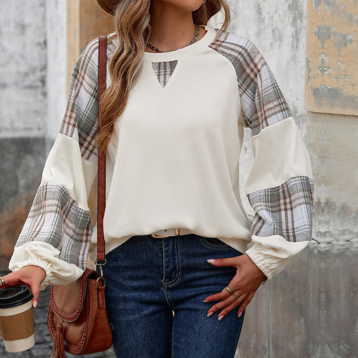 Damen lässiges Sweatshirt mit modischen Karierten Ärmeln Drune