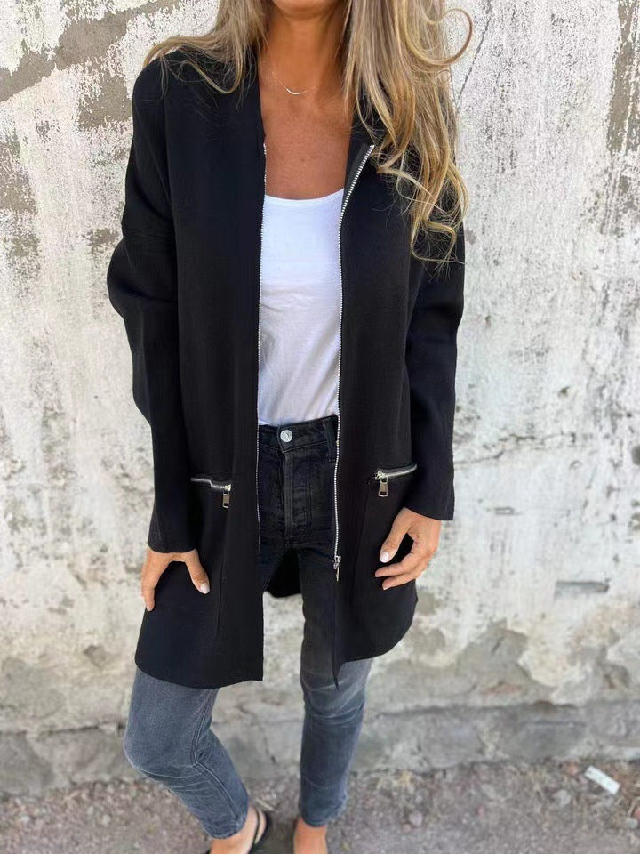 Damen Langer Mantel mit modernen Reißverschlussdetails und legerem Schnitt Drune