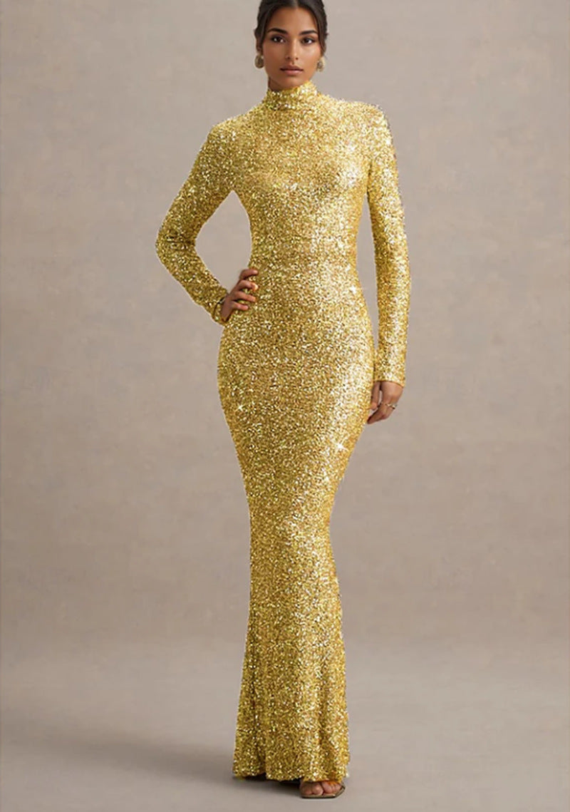 Damen Glitzerndes Abendkleid mit hohem Kragen und figurbetontem Schnitt Drune