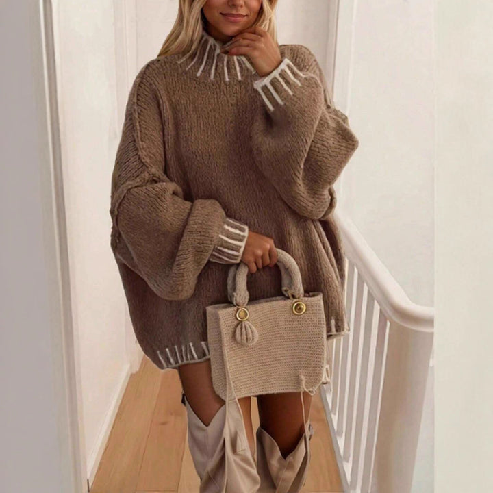 Damen lässiger Strickpullover mit hohem Kragen und anpassbaren Ärmeln Drune