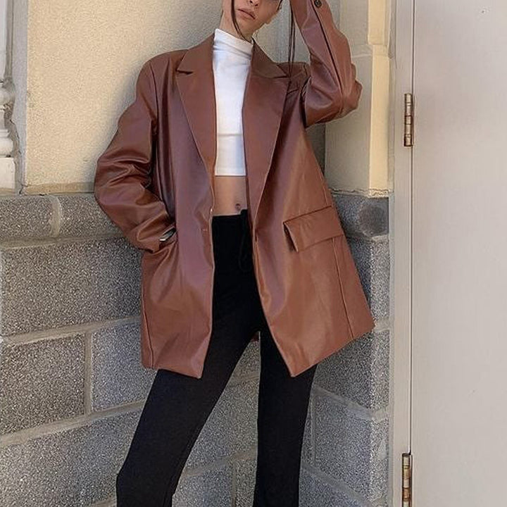 Drune | Oversized PU Leder Blazer - Schick & Kanten - Knopfverschluss - Herbst & Frühling Oberbekleidung