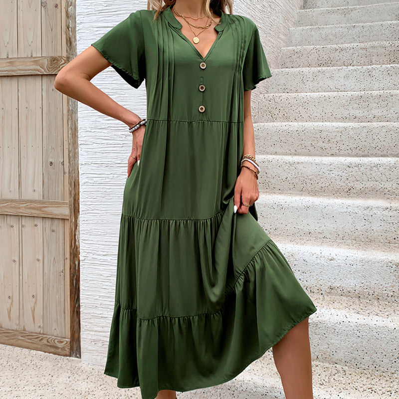 Damen Maxikleid mit Knopfleiste und voluminösem Rock Drune