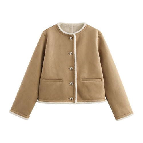 Damen Teddyjacke mit Button-Details und zwei aufgesetzten Taschen Drune
