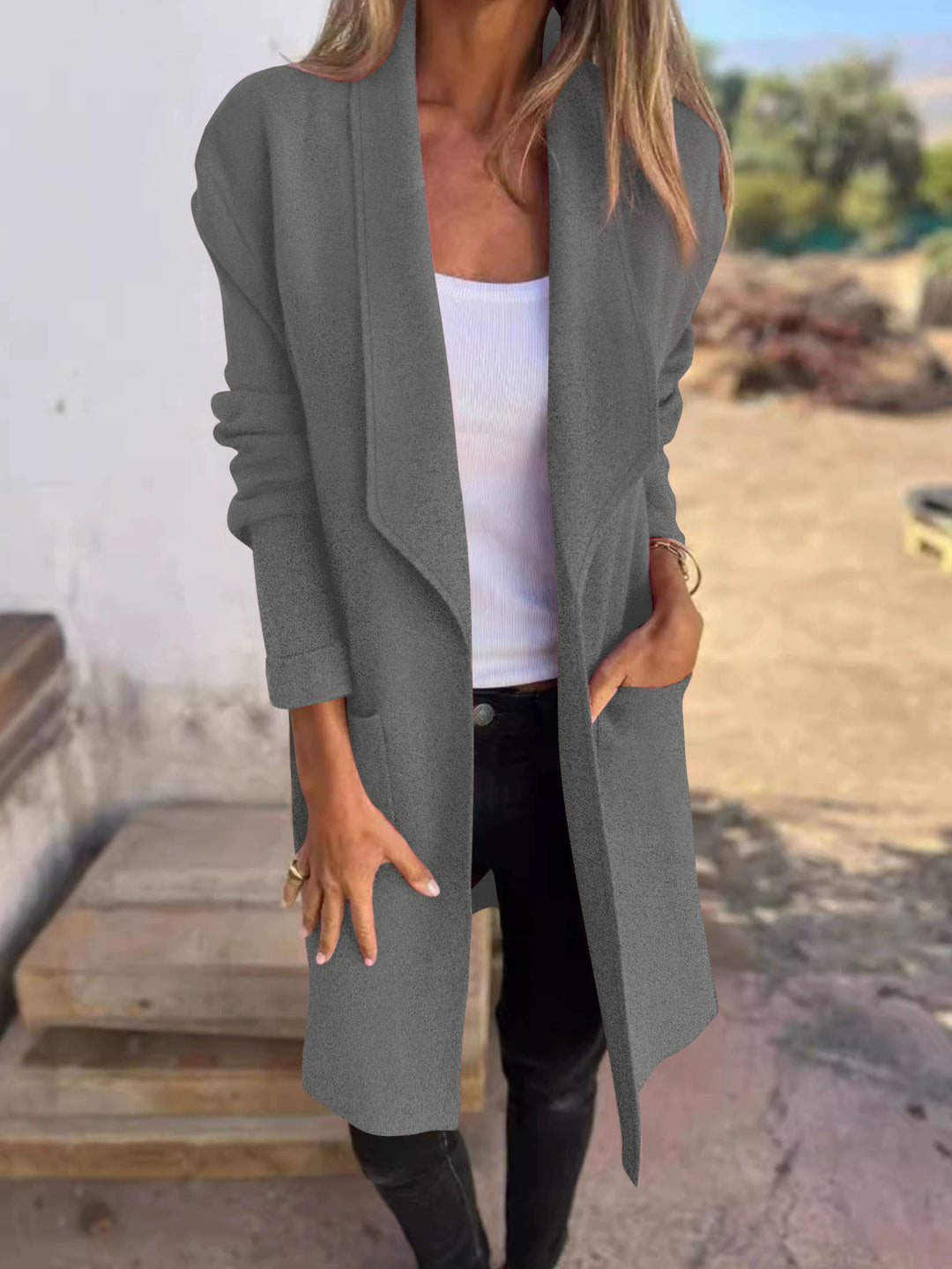 Damen lässiger Oversized-Mantel mit Eingrifftaschen und offenem Kragen Drune