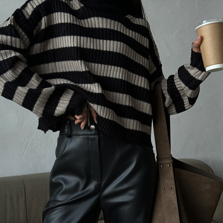 Damen modischer Oversized Pullover mit Streifenmuster Drune