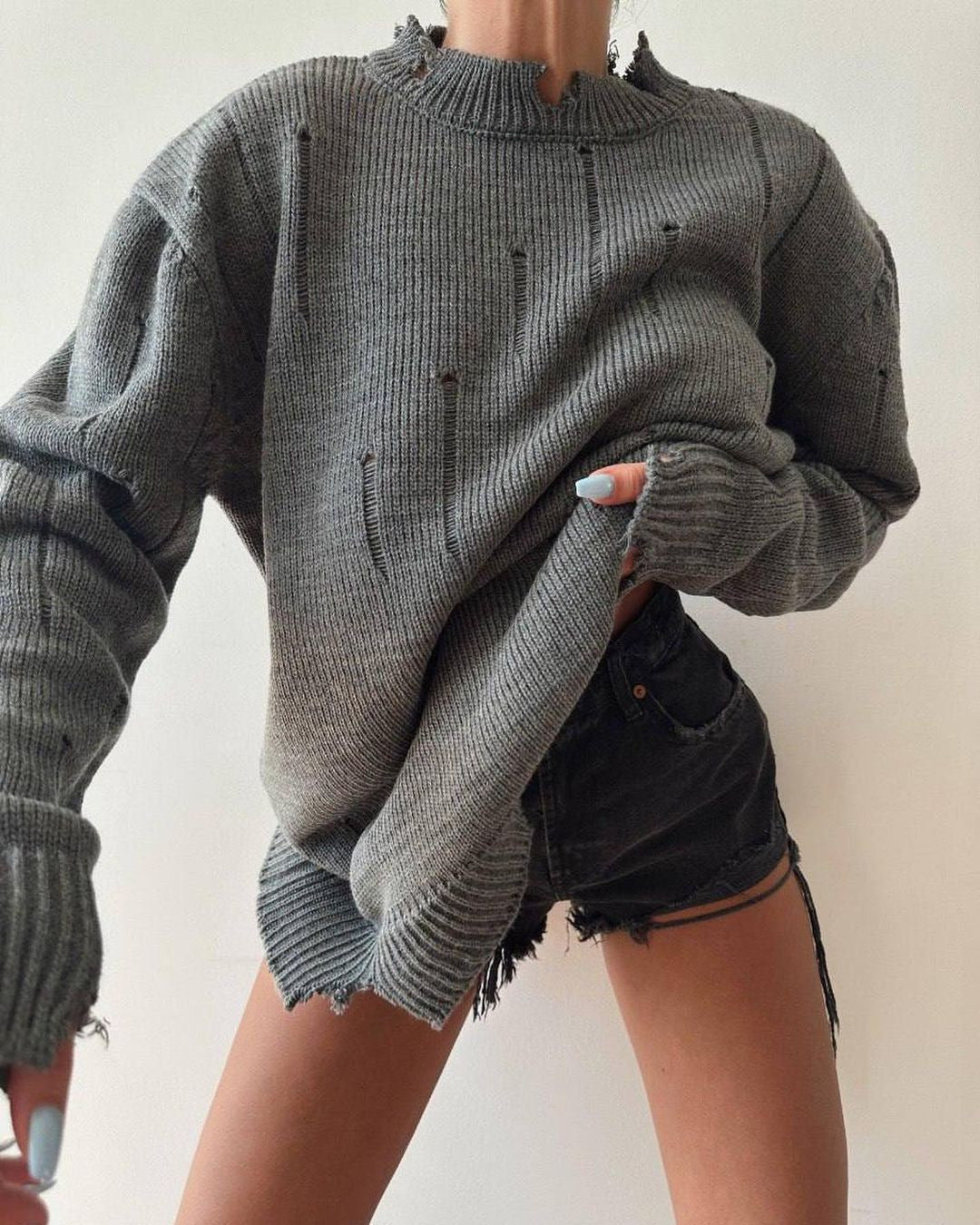 Damen Grober Strickpullover mit distressed Details Drune