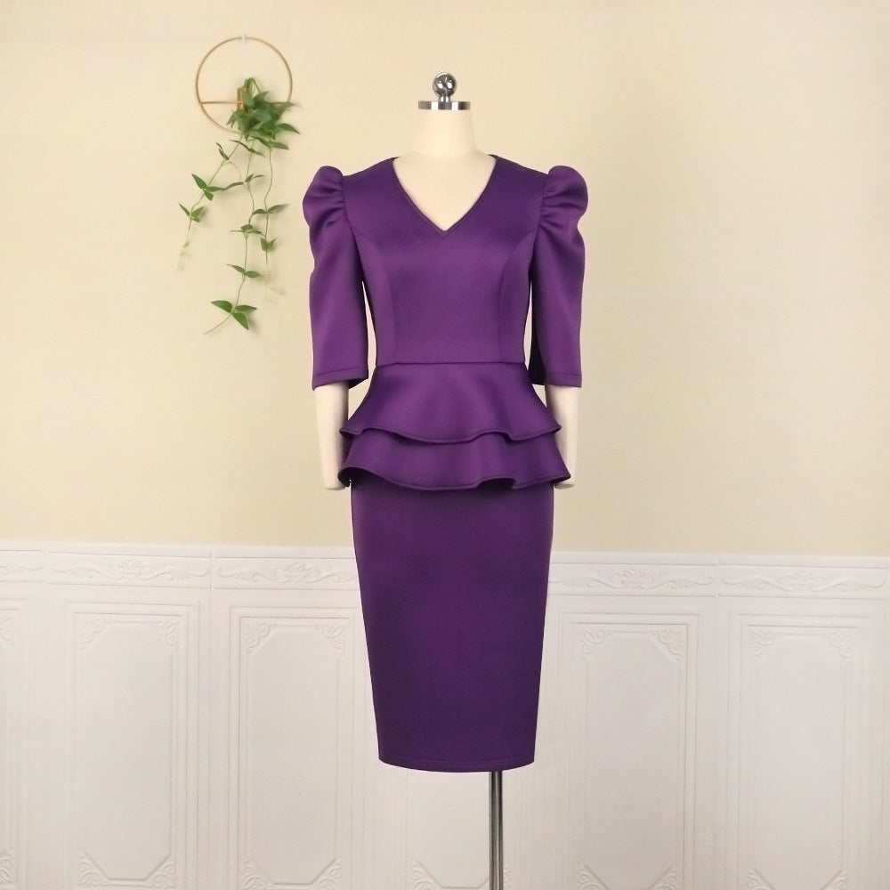 Damen figurbetontes Kleid mit voluminösen Puffärmeln und tailliertem Gürtel Drune