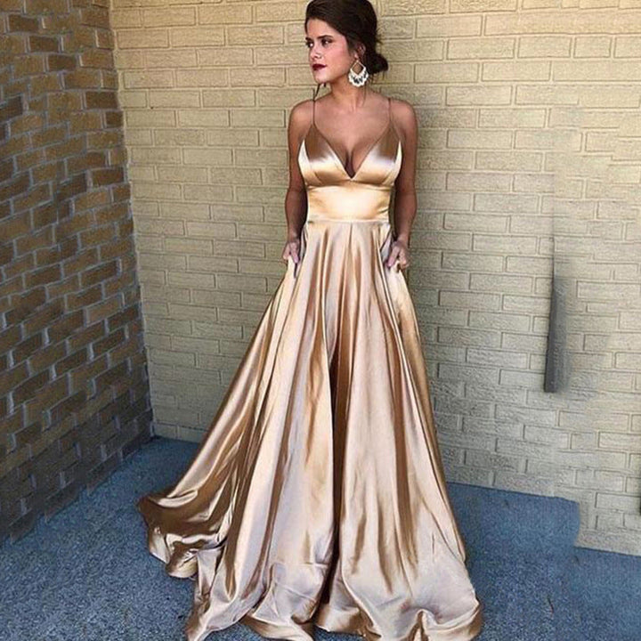 Damen A-Linien Abendkleid mit tiefem Ausschnitt und schmalen Trägern Drune