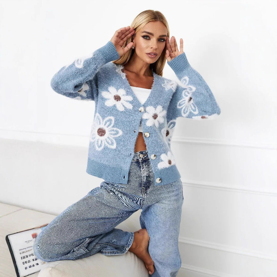 Damen Strickjacke mit floralen Mustern und eleganten Knopfdetails Drune