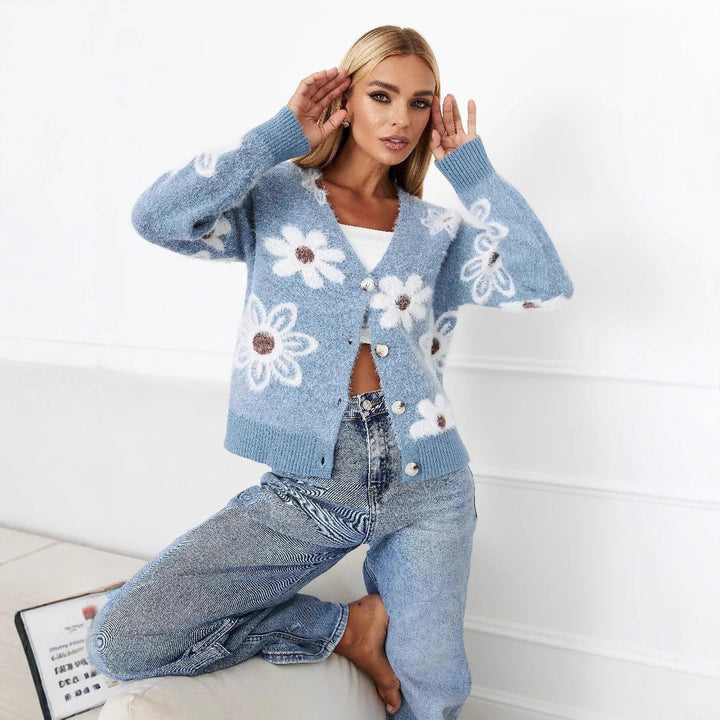Damen Strickjacke mit floralen Mustern und eleganten Knopfdetails Drune