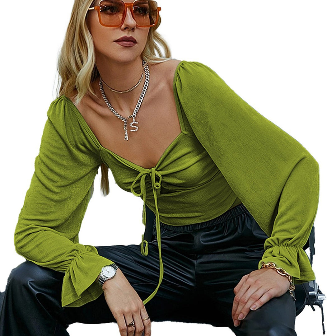 Damen cropped Langarmshirt mit raffinierten Rüschendesigns und knotbarem Detail Drune