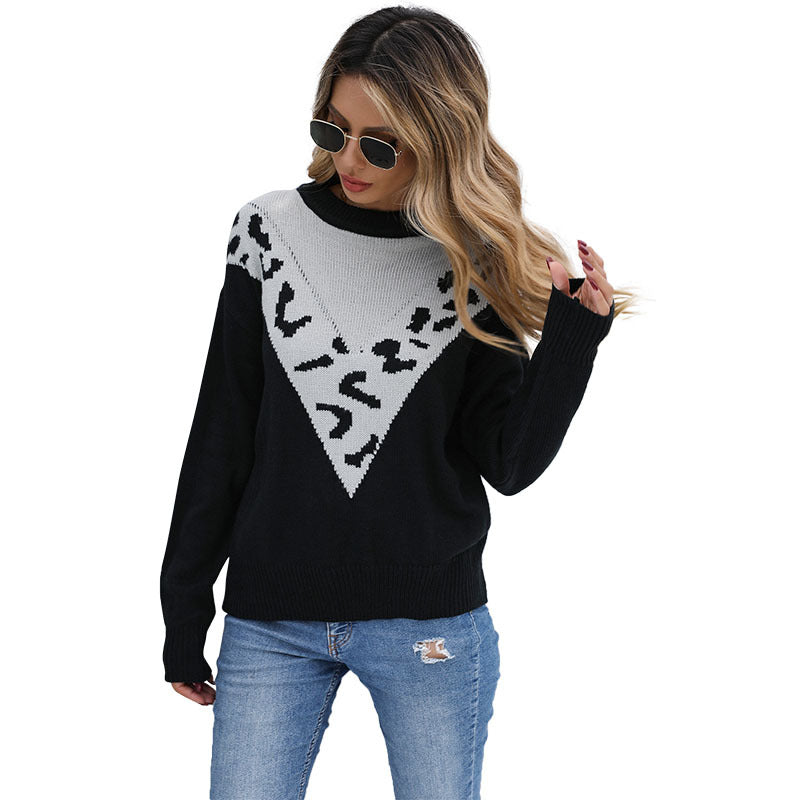 Damen lässiger Strickpullover mit kontrastierendem animalischem Muster Drune