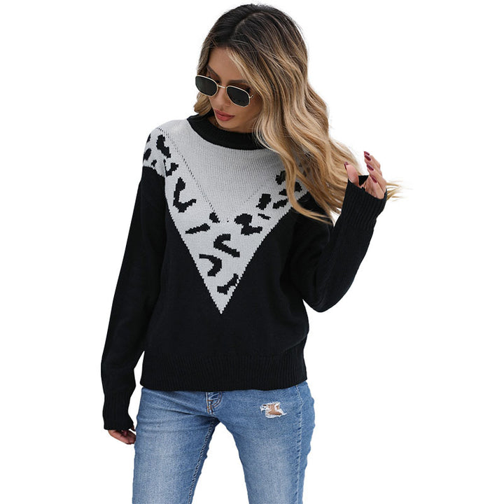 Damen lässiger Strickpullover mit kontrastierendem animalischem Muster Drune