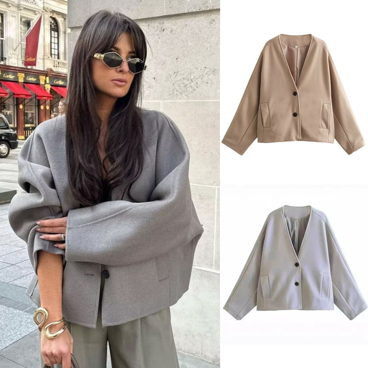 Damen nan oversized V-Neck Kurzjacke aus Wollmix mit Raglanärmeln und aufgesetzten Taschen Drune