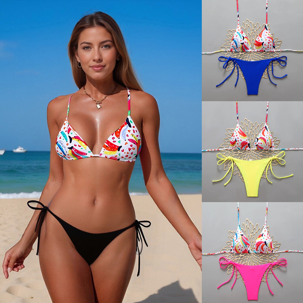 Damen Triangel-Bikini mit buntem Fruchtmuster und verstellbaren Bändern Drune