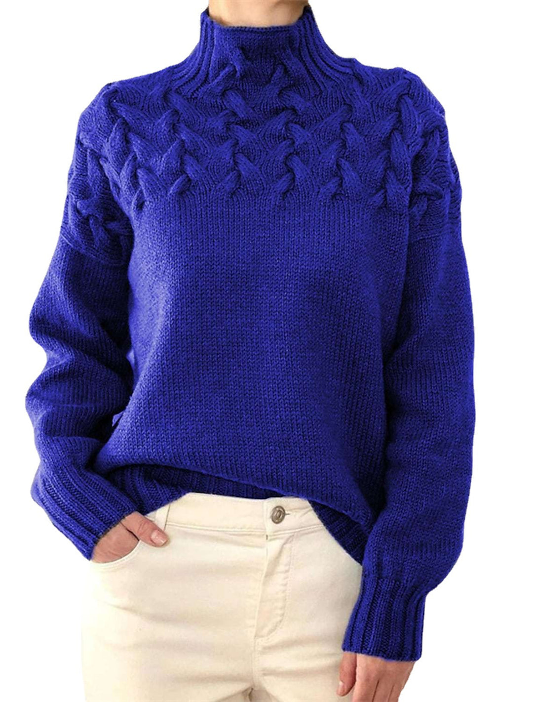 Damen Strickpullover mit dekorativem Zopfmuster und hohem Kragen Drune