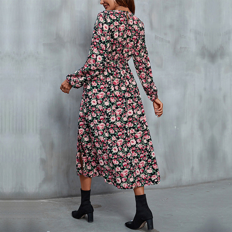 Damen Maxikleid mit floralen Mustern und seitlichem Schlitz Drune