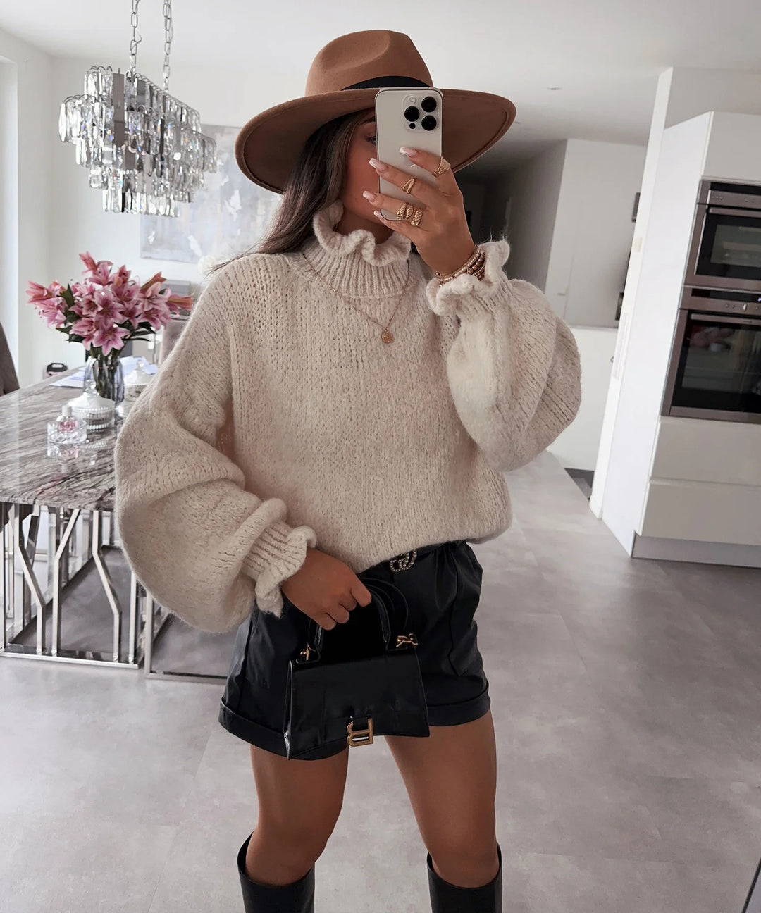Damen kuscheliger Rollkragenpullover mit voluminösen Ärmeln Drune