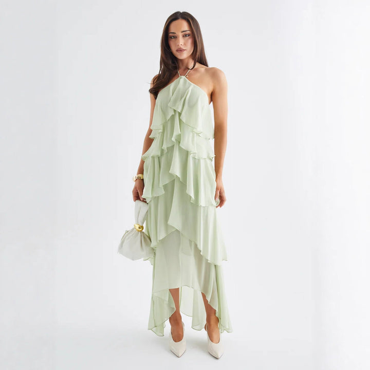 Damen Luftiges Maxikleid mit fließenden Volants und schickem Halterneck Drune