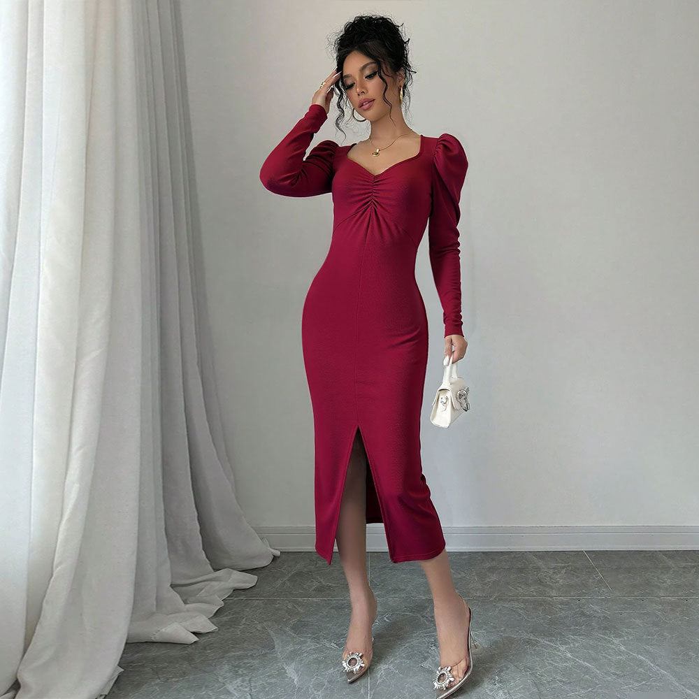 Damen Midi-Kleid mit Puffärmeln und raffiniertem Schlitz Drune