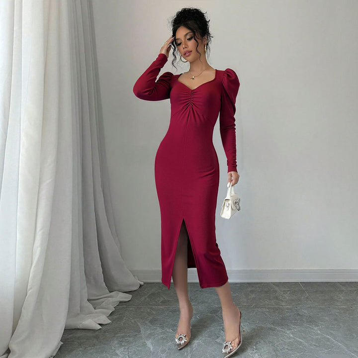 Damen Midi-Kleid mit Puffärmeln und raffiniertem Schlitz Drune