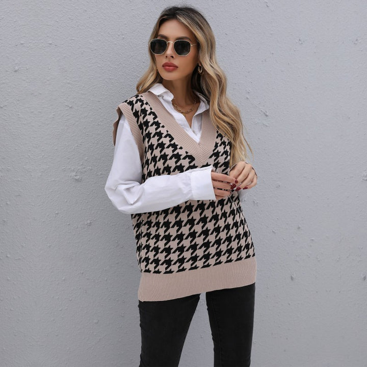 Damen eleganter Strickpullover mit V-Ausschnitt und Hahnentrittmuster Drune