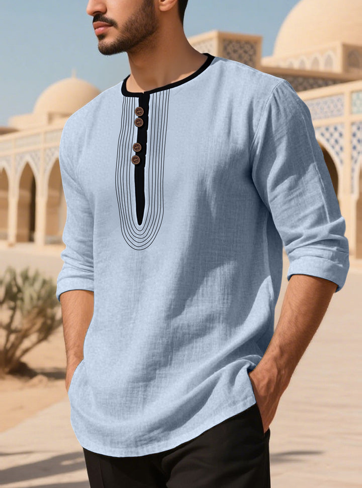 Herren nan lässiges Leinenmix-Langarmshirt mit dekorativer Knopfleiste und Ziersteppung Drune