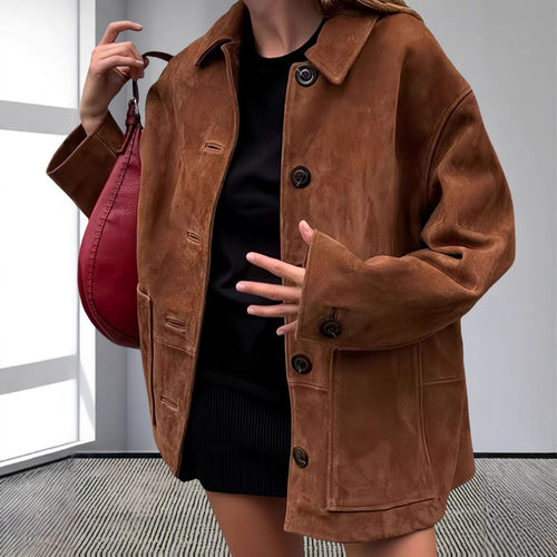 Damen oversized Suedejacke mit aufgesetzten Taschen und hochwertiger Knopfleiste Drune