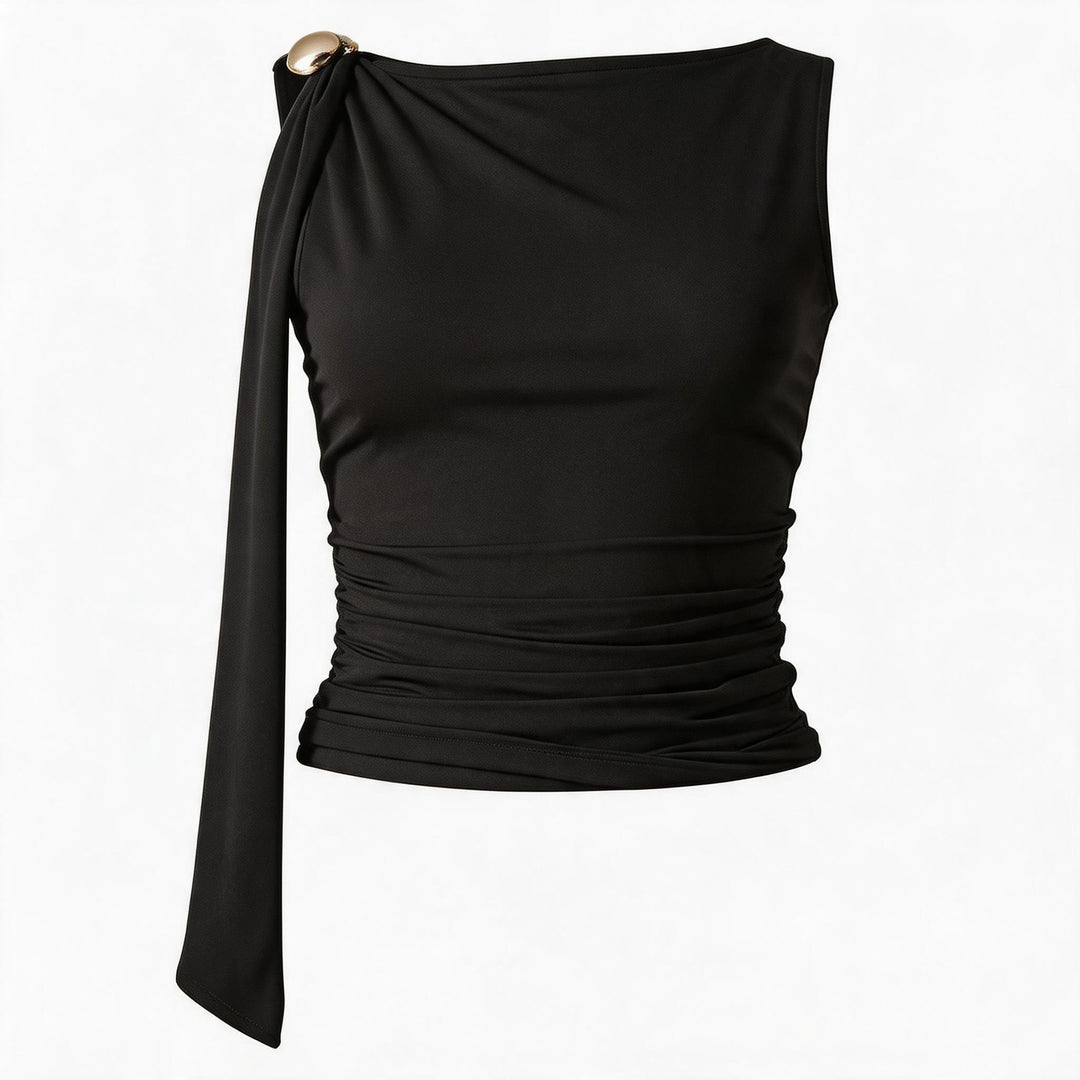 Damen elegantes Raffungskleid mit dekorativem Schulterband Drune
