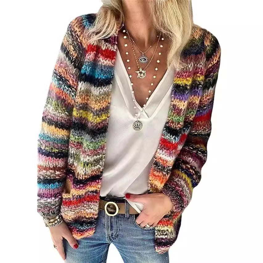 Damen Offen gestrickte Cardigan mit bunten Streifen und lässigem Schnitt Drune