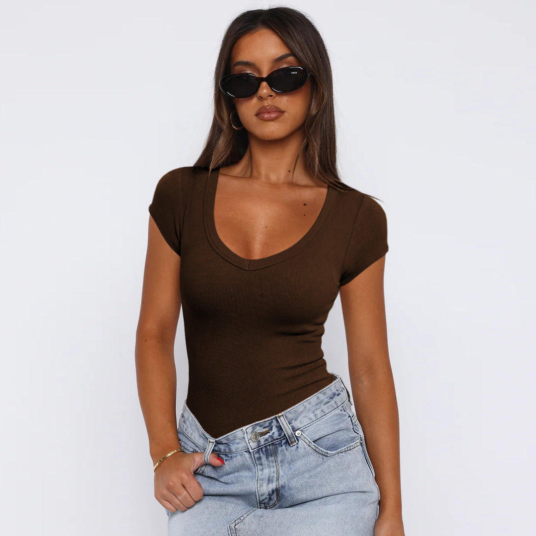 Damen figurbetontes V-Ausschnitt T-Shirt mit kurzen Ärmeln Drune