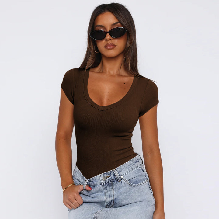 Damen figurbetontes V-Ausschnitt T-Shirt mit kurzen Ärmeln Drune