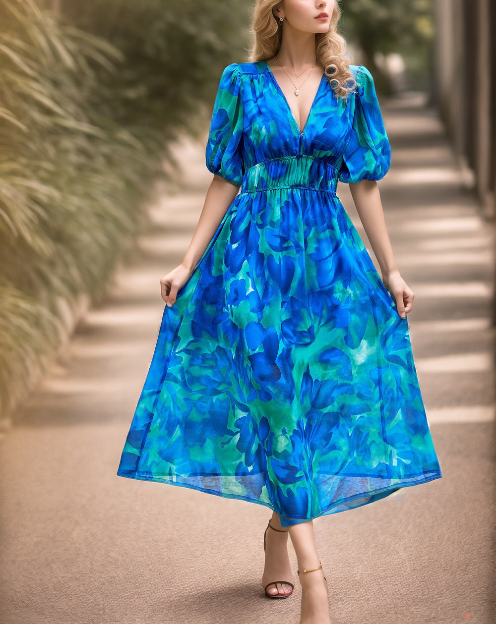 Damen Maxikleid mit voluminösen Puffärmeln und fließendem Rock Drune