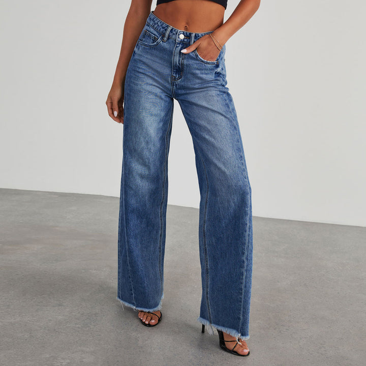 Damen Hochtaillierte Mom-Jeans im klassischen Schnitt mit ausgefranstem Saum Drune