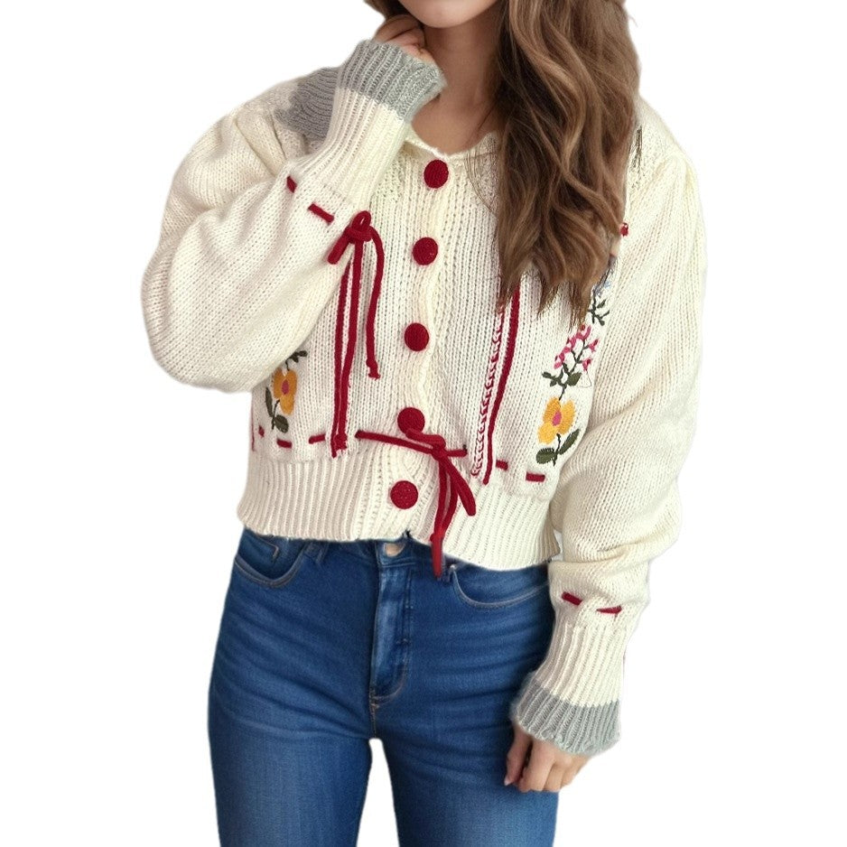 Damen Strickjacke mit Blumenstickerei und modernem Kordelzug Drune