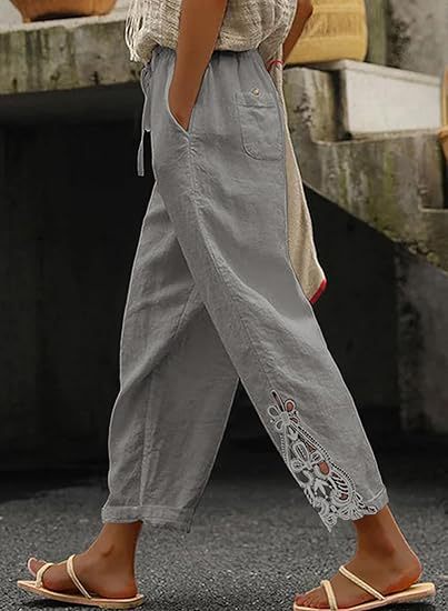 Damen luftige Leinenhose mit dekorativen Stickereien Drune