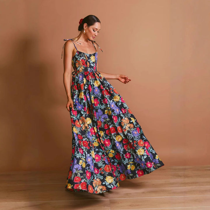 Damen Maxi-Langarmkleid mit floralem Muster und Rüschendetails Drune