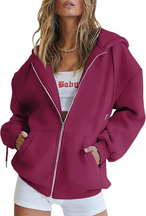 Damen nan oversized Kapuzenjacke mit durchgehendem Reißverschluss Kängurutaschen und weichem Sweatmaterial Drune