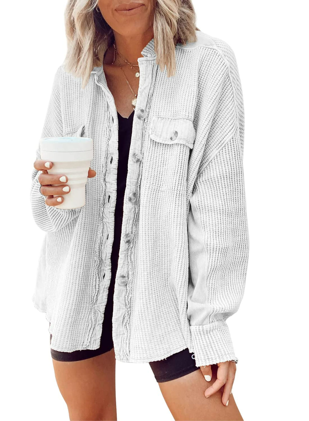 Damen oversized Waffelstruktur Hemdjacke Drune