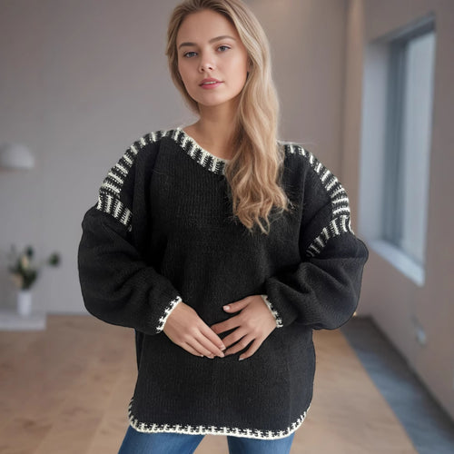 Damen Grobstrickpullover mit lässigem Schnitt und gestreiften Ärmeln Drune