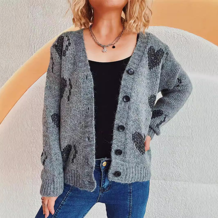 Damen kuschelige Strickjacke mit Herzdesign Drune