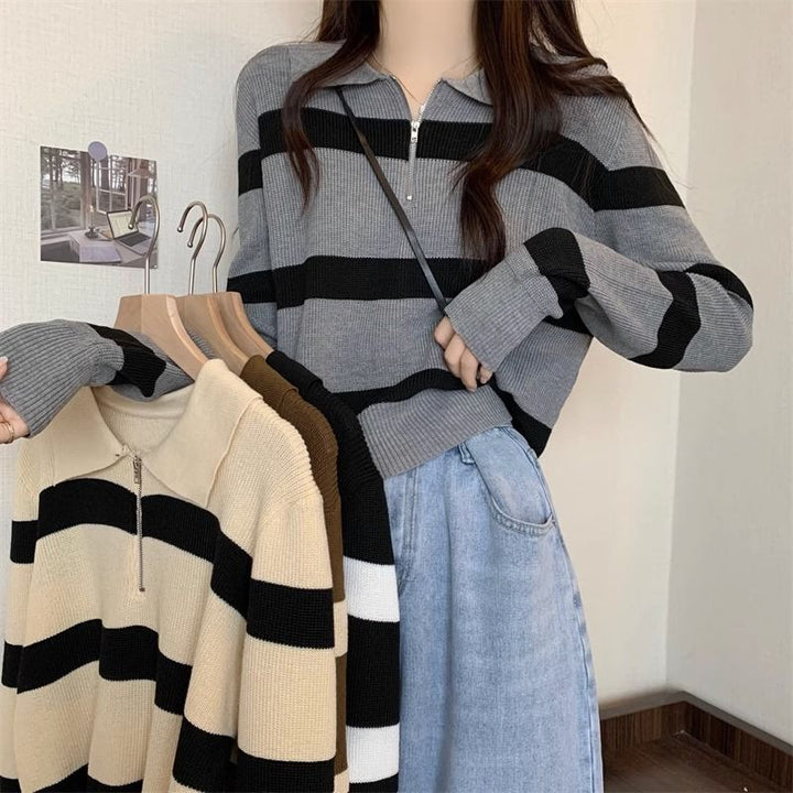Damen Strickpullover mit Reißverschluss und Streifenmuster Drune